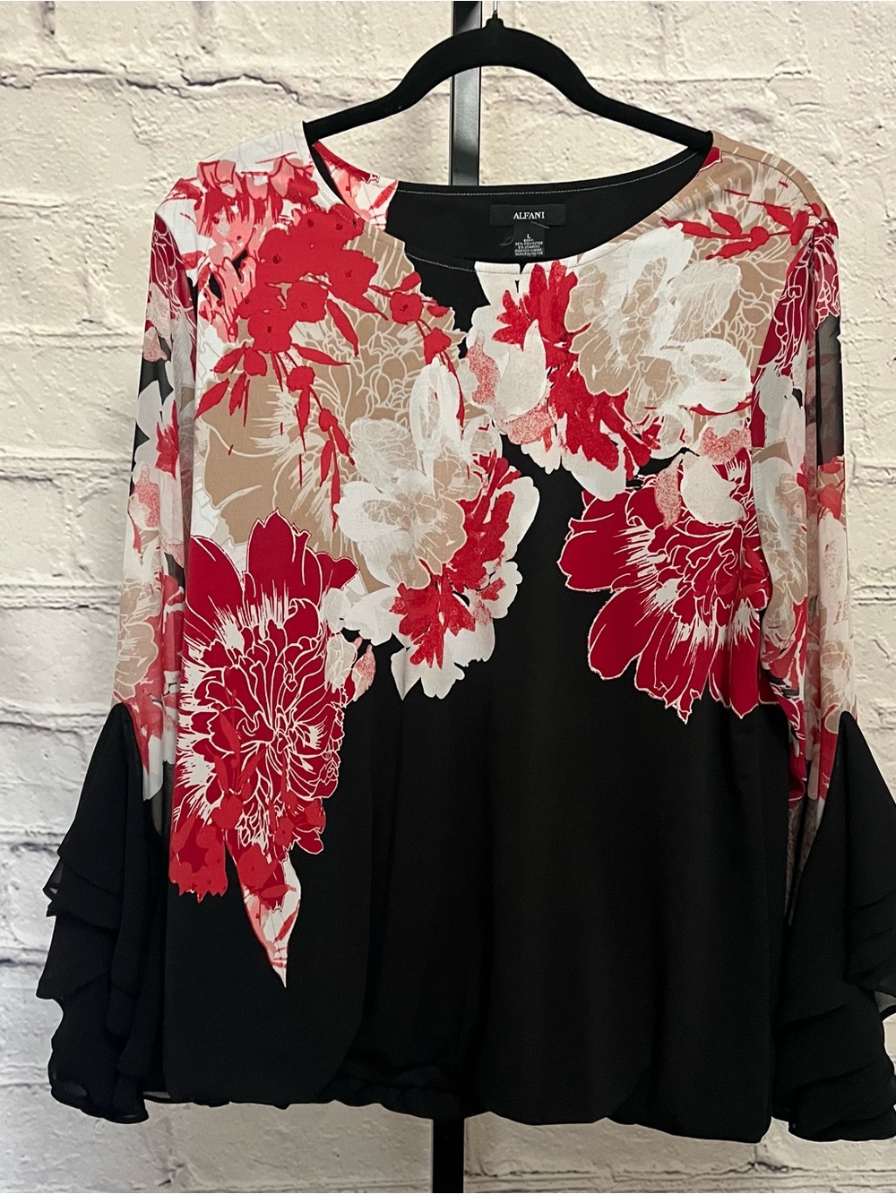 Alfani Black Floral Blouse with Red and Cream Print